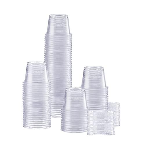 GUSTO 1 oz Jello Shot Cups with Lids [100 Count] Clear Plastic Portion Containers, Condiment Cups for Sauces, Dressings & Samples – Durable, Stackable, Leak-Resistant (Formerly Comfy Package)