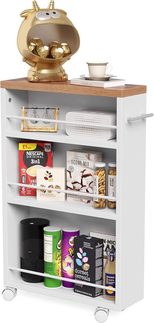 LITTLE TREE 4 Tier Rolling Cart with Wheels, 6.3 Inch Slim Storage Cart, Wooden Snack Cart with Narrow Shelf, White Laundry Room and Bathroom Organizer Shelves, 6.3" D x 19.69" W x 31.5" H
