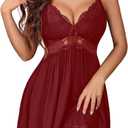 Avidlove Women Babydoll Nightgown Chemises Lace Modal Sleepwear V-Neck Full Slip Sleep Dress (Dark Red, S)