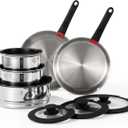 ROYDX 16pcs Pots and Pans Set, Stainless Steel Cookware Set Detachable Handle, Induction Kitchen Stackable RV Cookware Sets, (Camper, Boat, Small Kitchen), Dishwasher Safe&Oven Safe, PFOA Free, Silver