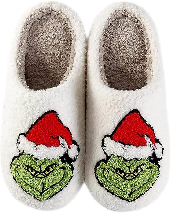 Christmas Santa Reindeer Slippers - Soft Plush Fuzzy Cozy House Slippers for Women Men Indoor Outdoor Shoes (7.5-8.5 Women/6.5-7 Men)