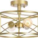 2-Light Semi Flush Mount Matte Gold Ceiling Light Fixture, Farmhouse Industrial Metal Cage with Adjustable Height, Dimmable for Hallway Entryway Kitchen Bedroom Foyer Laundry Low Ceiling