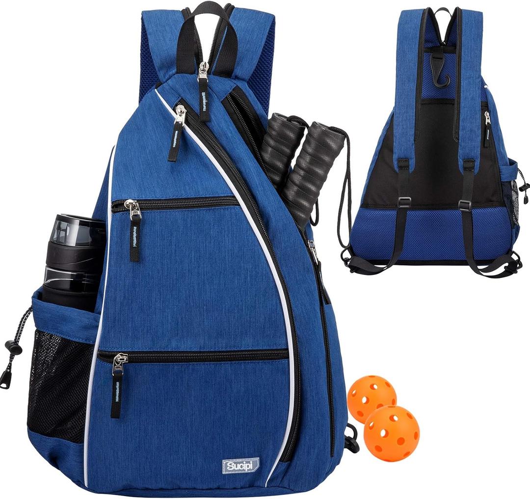 Sucipi Pickleball Bag - Men's & Women's Pickleball Backpack, Adjustable Sling Bag w/Fence Hook/Large Capacity/Safety Pocket (Medium, Blue)