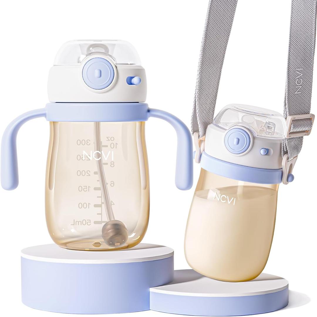 NCVI PPSU Milk Straw Sippy Cup Spill Proof for Toddlers 1-3 Years Old, Lightweight Baby Training Water Bottle with Weighted Straw/Handle/Strap/Lid, Baby's First Straw Cup, BPA-free 10floz (Blue)