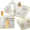 3 PCS Mirror Glass Vanity Tray Set, Golden Metal Edge Decorative Dresser Trays with Velvet Bottom, 3 Sizes Rectangular Makeup Perfume Jewelry Organizer for Bedroom Bathroom