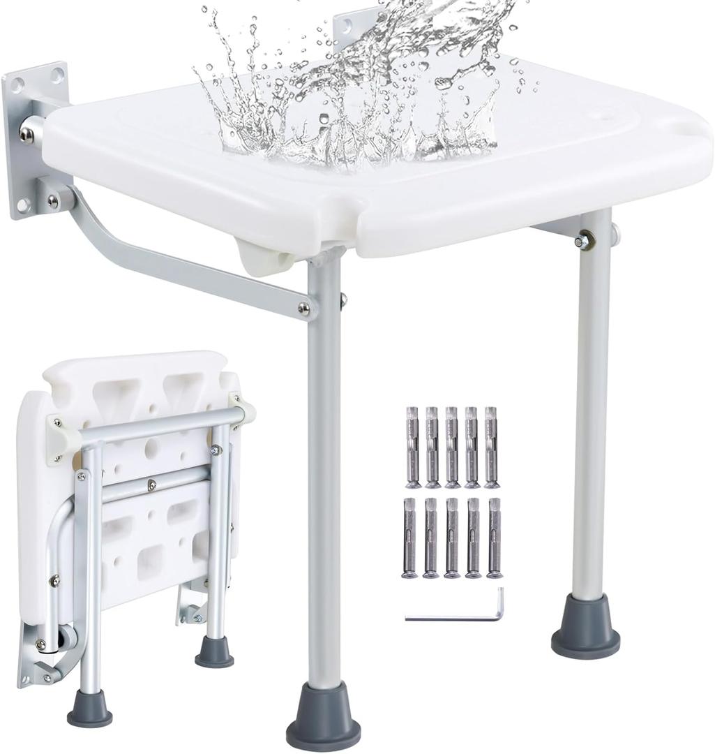 VEVOR Folding PE Shower Seat, 15.7'' x 14.8'' Unfolded, Wall Mounted Fold Up Shower Bench with 500 lbs Load Capacity, Space Saving Fold Down Shower Chair for Seniors Pregnant Women Children Adults