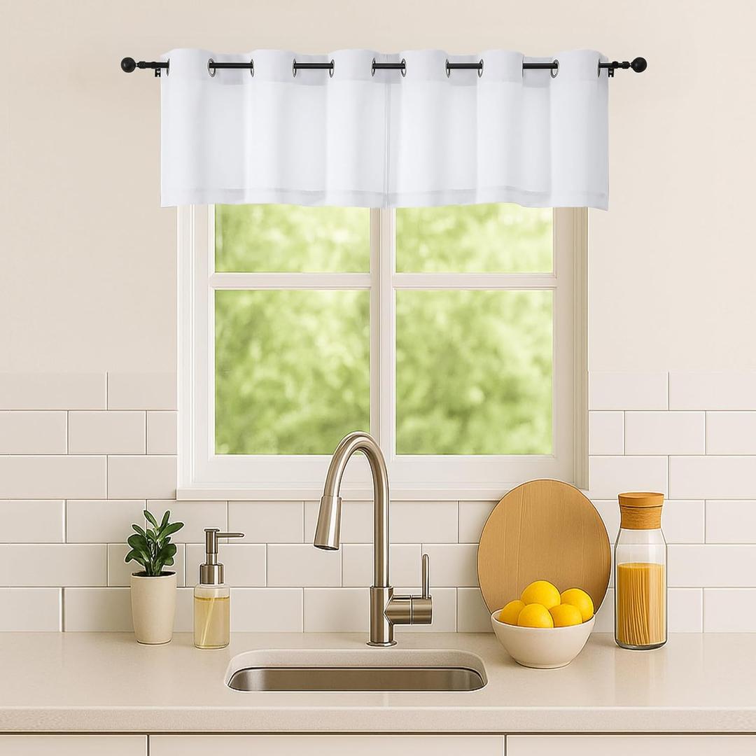 Simplebrand Pure White Window Valance for Kitchen 14 Inches Long 2 Panels Set, Light Filtering Valance Curtains for Living Room, Grommet Short Privacy Kitchen Curtains for Bedroom Kids Room, 40Wx14L