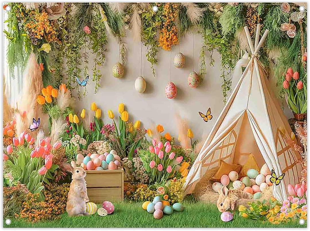 ZTHMOE Fabric 8x6ft Spring Easter Tent Photography Backdrop Bunny Eggs Green Grass Flowers Floral Background Kids Party Decoration Festival Photo Banner Booth