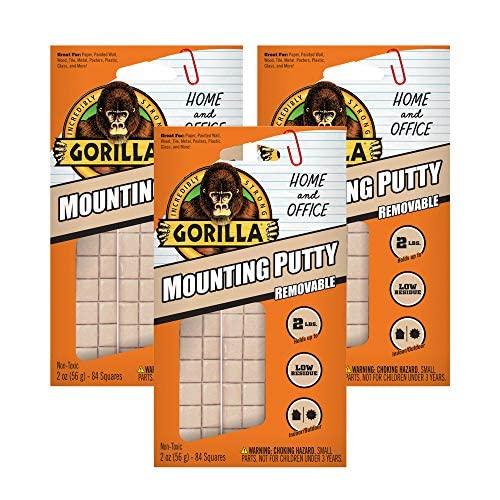 Gorilla Mounting Putty, Natural Tan Color, 84 Pre-Cut Squares (Pack of 3) - Non-Toxic Removable & Repositionable Wall Putty