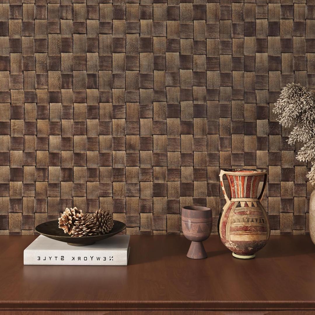 ReWallpaper Brown Rattan Wallpaper Stick and Peel Rustic Basketweave Wallpaper Adhesive Non Textured Boho Woven Pattern Wall Paper Removable Vinyl Contact Paper for Cabinets Shelf Drawer 15.8in10ft