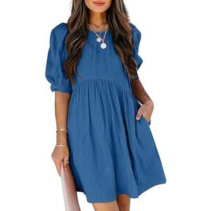 Womens Summer  Puff Sleeve Babydoll Elegant Empire Waist Mini Swing Skater Dress Size M