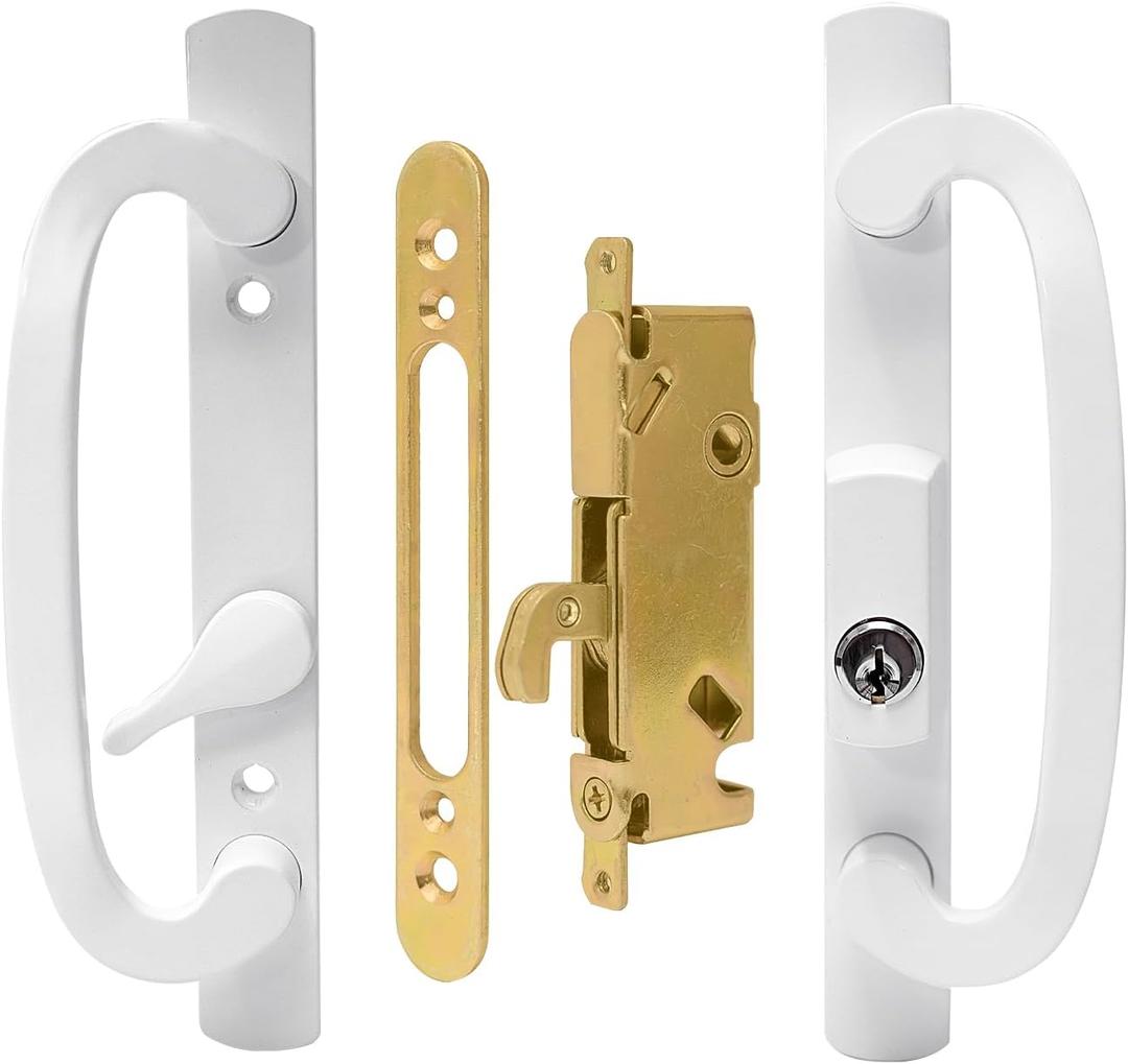 LWZH White Patio Sliding Glass Door Handle Set with Lock & Keys - Replacement Handle for Mortise Lock, Reversible Design, Fits 1-3/8" to 2-1/4" Thick Doors, 3-15/16" Hole Centers, 45 Keyway