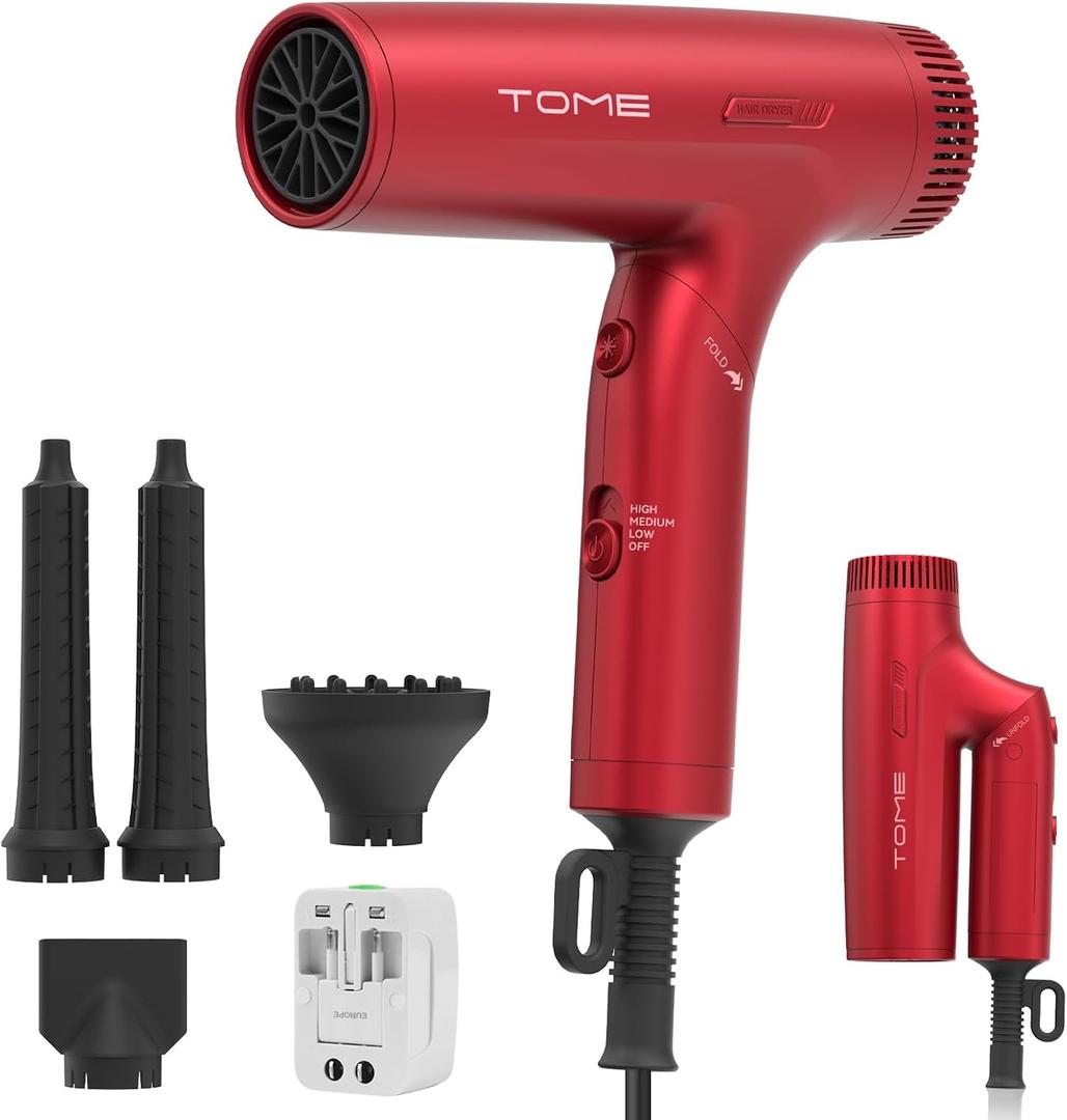 TOME Dual Voltage Travel Hair Dryer, Foldable Blow Dryer, DC Motor, 1200W Fast Drying, Cool Shot, 3 Heat 3 Speed, Nozzle, Diffuser, Air-Powered Wrap Wands, 120–240V Universal Adapter Red