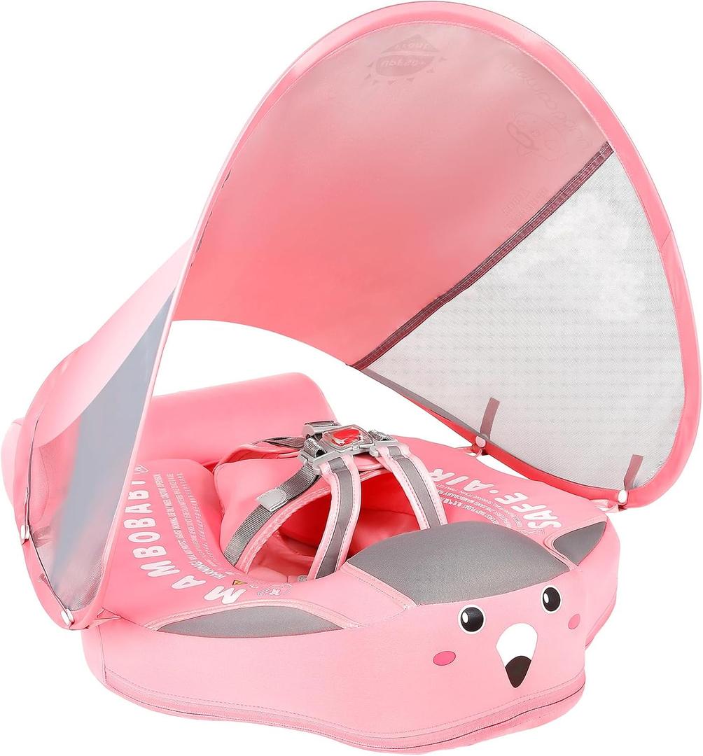 Mambobaby Non-Inflatable Baby Pool Float with Tail and Canopy UPF 50+ Sun Protection No Flip Over Infant Swim Float Skin-Friendly Mambo Float Swim Trainer Solid Baby Swimming Ring Aged 3-24 Months