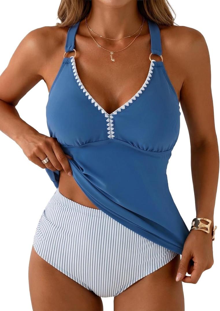 Aleumdr Tankini Swimsuits for Women 2 Piece Tummy Control Bathing Suit V Neck Tankini Top with High Waisted Bottom (X-Large, Blue Stripe)