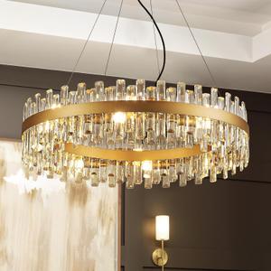31.9" Gold Modern Crystal Chandelier Light Fixtures Luxury 2 Rings Crystal Chandeliers for Dining Room 16-Light Round Hanging Pendant Lighting for Living Room Kitchen Island Entryway Bedroom, Diameter 31.9", 16-Light