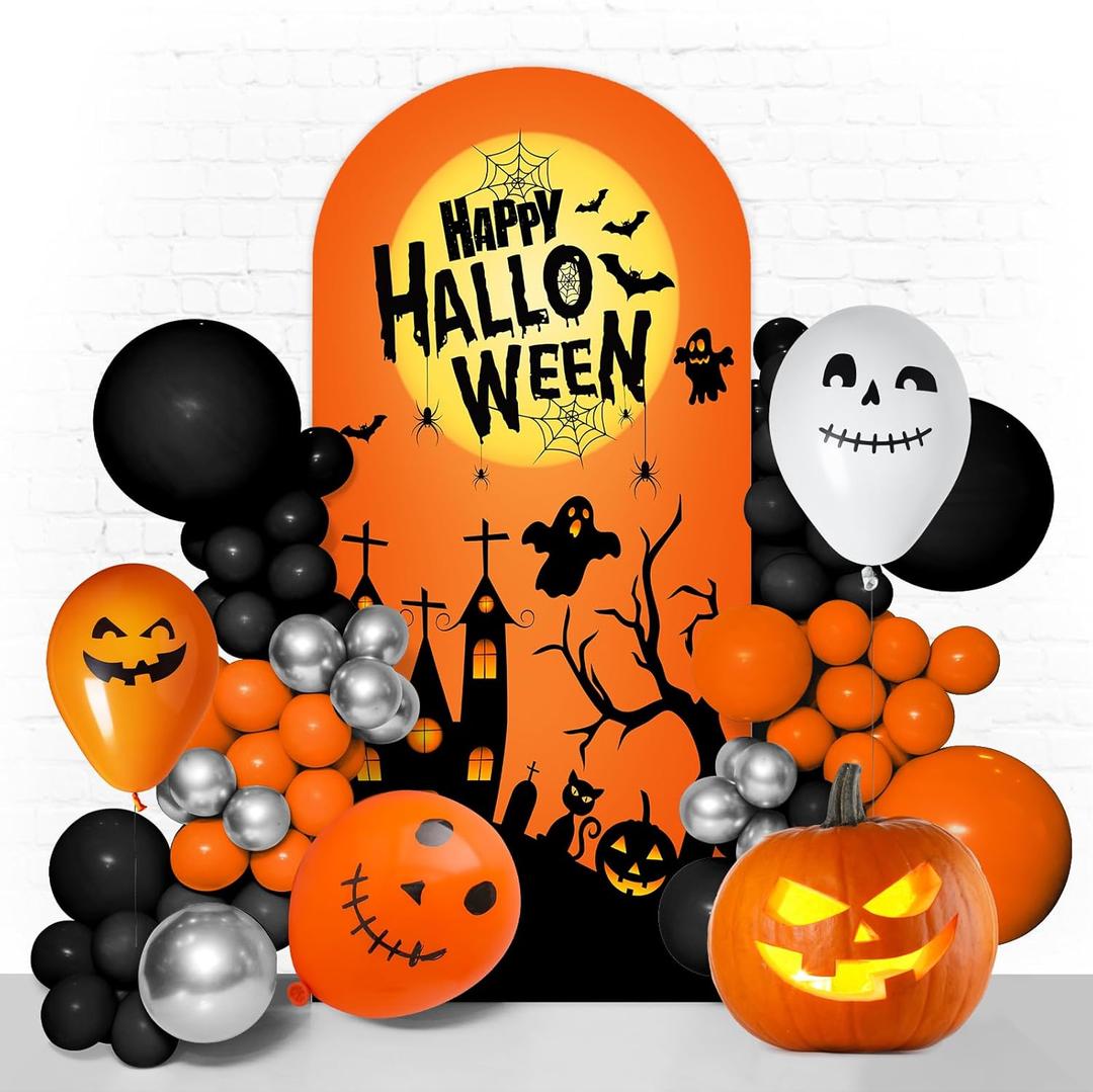 Happy Halloween Arch Backdrop Stand Cover 6ft Skeleton, Ghost Pumpkin Bat, Party, Spandex Arch Cover Horror Style Backdrop Fabric 2-Sided with Fall Pumpkin Spooky Witch Round Top for Halloween Party