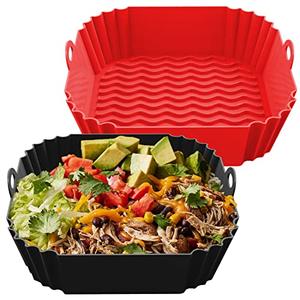 FROVEN 8 Inch Silicone Air Fryer Liners Square (2 Pack) Red & Black Reusable Non-Stick Inserts with Handles for Mess-Free Cooking & Heat Resistance – Compatible with Ninja COSORI Instant Vortex & More