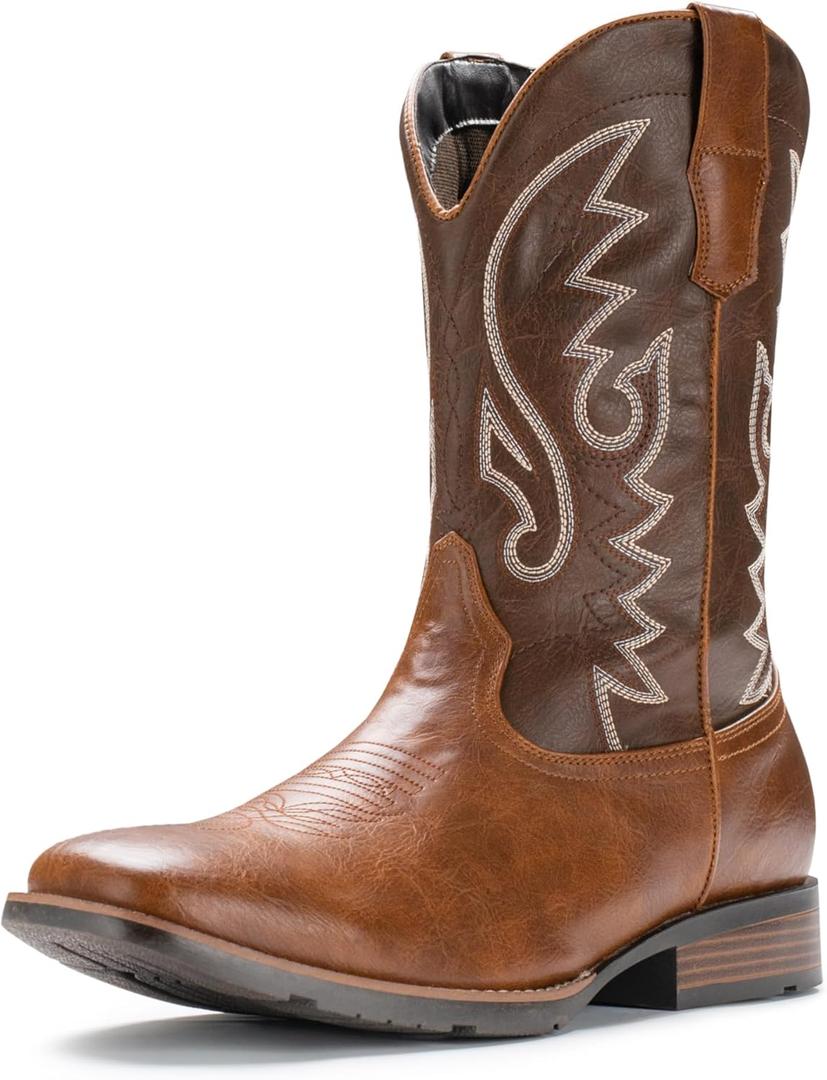 IUV Cowboy Boots For Men with Wide Square Toe Western Retro Boot Durable Classic Fashionable Embroidered Pull On Slip Resistant Boots (9.5, Dark Brown)