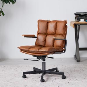 Home Office Desk Chair, Leather Ergonomic Computer Chair with Wheels and Oak Arms, Adjustable Height Rolling Swivel Executive Chair, Rust Brown, 18.1" x 25.6" x 25.2" x 38.2"