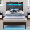 Rolanstar Bed Frame Twin Size with Charging Station and LED Lights, Upholstered Headboard with Storage Shelves, Heavy Duty Metal Slats, No Box Spring Need, Noise Free, Easy Assembly, Dark Grey