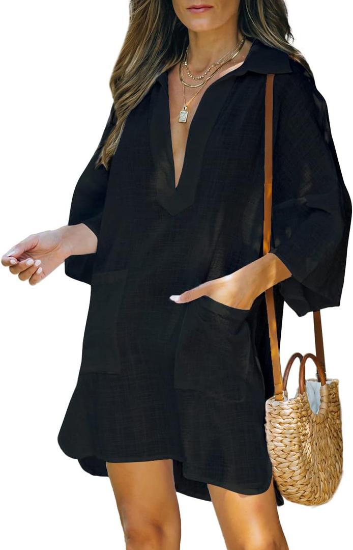 AI'MAGE Women Deep V Neck Cover Up Casual Cotton Linen Shirts Beachwear Bikini Pool Dress Half Sleeve