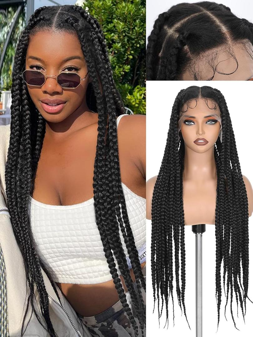FAVE Braid Wigs for Black Women HD Full Lace Jumbo Braided Wig 32 Inches Synthetic Box Braid Wig With Baby Hair 100% Handmade Knotless Braided Wigs for Daily Use (1B)