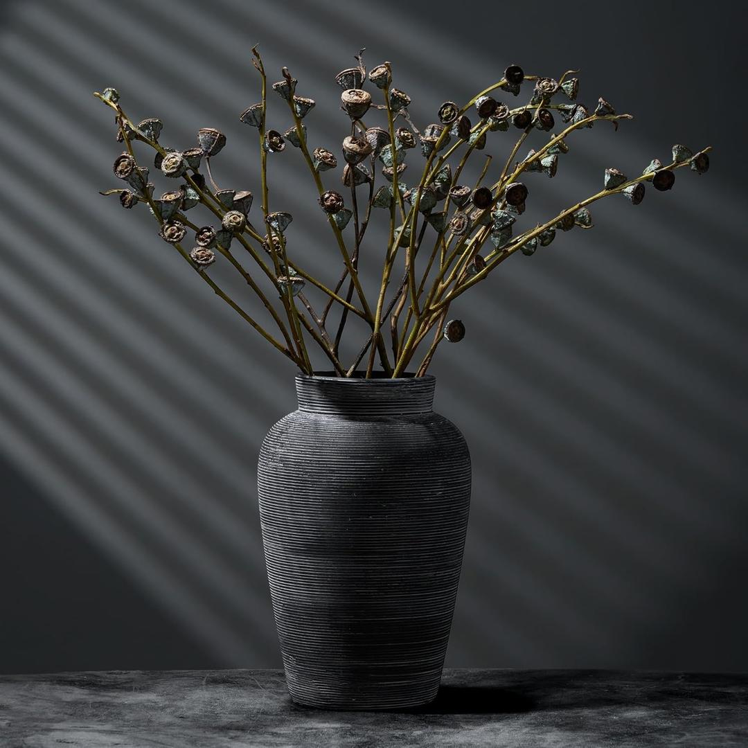 Large Ceramic Rustic Vase,10 inch Minimalist Decorative Farmhouse Vintage Tall Pottery Flower Vases for Home Decor, Living Room,Shelf Table Decoration,Wedding Housewarming Gift (Black)