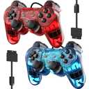 Degulan Wired Controller for PS2 High Performance Double Shock Gamepad Joystick Remote Compatible with Play 2 (Clear Red and Clear Blue)