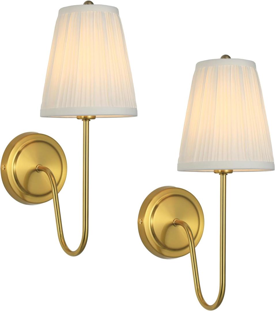 Electro bp;Elegant Single Wall Sconces White Pleated Brocade Fabric Lamp Shades with Polished Gold Curved Metal Arm Covered Wall Light,E12,40W,Hardwired(Set of 2);