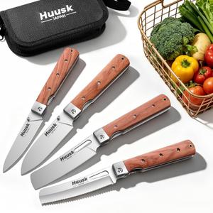 Huusk Folding Chef Knife Set - Including Nakiri, Santoku, Bread and Fruit Knives - EDC Kitchen Knife Set with 440C Stainless Steel Ultra Sharp Blade - Japanese Pocket Knives - Gifts for Men and Women