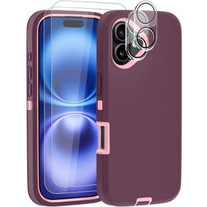 Case for iPhone 16 Case 6.1" with 2 Screen Protector + 2 Camera Lens Protector, Full Body Heavy Duty Military Grade Cover, Shockproof/Drop Proof Protection Phone Case (Wine Red Pink)