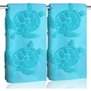 2 Pcs Sea Turtle Hand Towels for Bathroom 100% Cotton Jacquard Weave Teal Turquoise Coastal Beach Guest Hand Towels Bathroom Kitchen Towels Decor Accessories (Turtle Blue)
