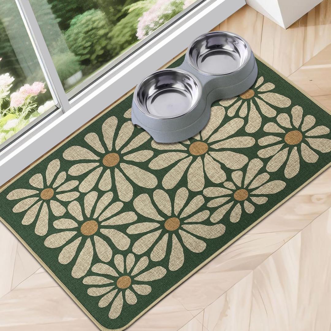 SHIYUE Dog Food Mats for Floors, Absorbent Cat Bowl for Food and Water, Non-Slip Accessories Pet Supplies(12"x20", Forest Green Flower)