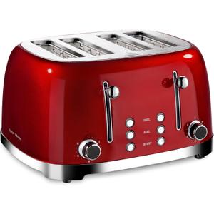 Roter Mond 4 Slice Toaster Retro Stainless Steel with Bagel Defrost Cancel Function, 6 Browning Settings, Extre Wide Slot and Removable Crumb Tray, Red, ST033