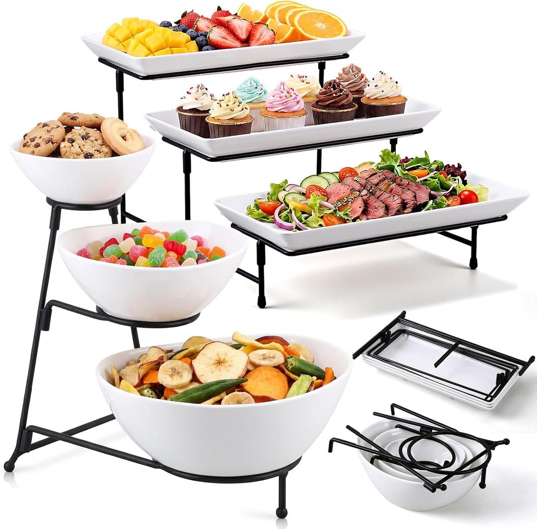 2 Set 3 Tier Serving Trays for Party 12 Inch Plastic Serving Platters and 3 Tier Round Ceramic Salad Display Stand with Black Collapsible Metal Stand for Food Dessert Cookies Fruit
