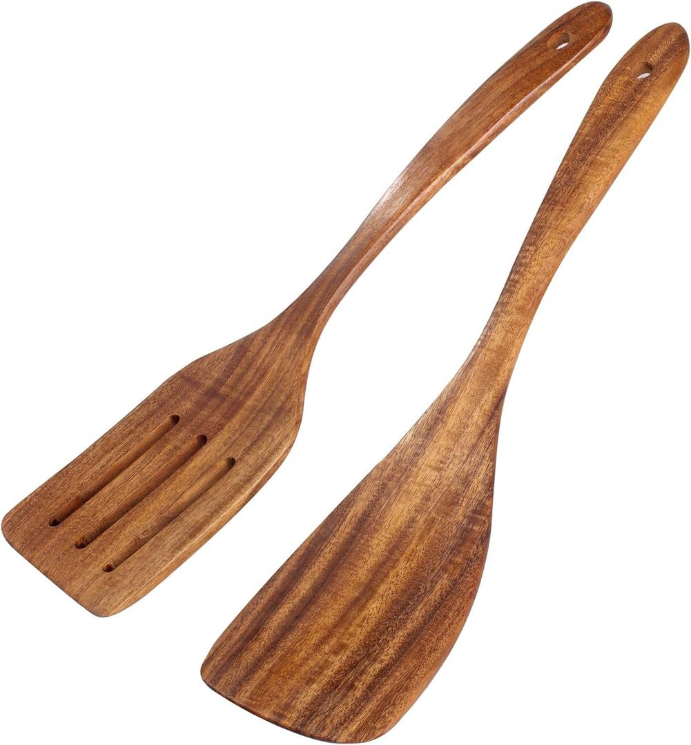2 Pack Wooden Spatula, Acacia Wood Long Handle Flat Frying Turner, Handmade Wooden Spoons For Cooking, Kitchen Utensil Set, Non-Stick Cooking Spurtle Utensils For Kitchen Use