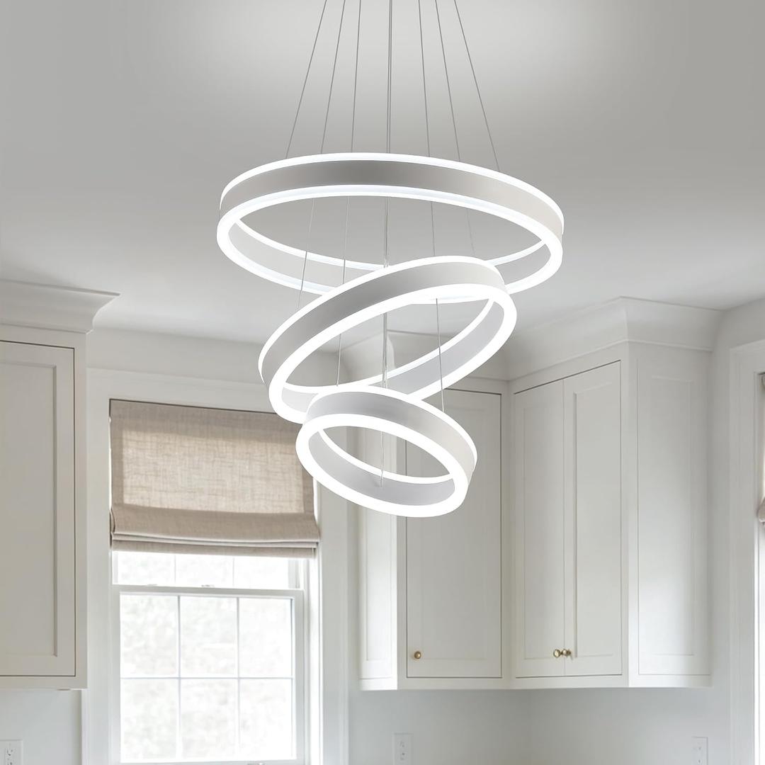 O'NEELDY Modern LED Chandeliers Adjustable Hanging White Pendant Light Fixture 3 Ring Flush Mount Chandeliers for Bedroom,Kitchen,Island Cafe, 16x16x47 inches