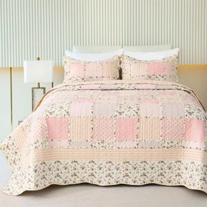Cmfshape Garden Floral Quilt Bedspread Twin Size, Patchwork Pink Quilt Set with 1 Pillow Sham,Summer Bedding Set for Girls Women,Soft Lightweight Bed Coverlet for All Seasons (Twin68x86 Pink&Yellow)
