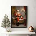 Santa Claus wall decor, fun bathroom poster print, Santa Claus in the bathtub art painting, winter holiday Christmas decoration, Victorian style vintage wall art poster for bathroom and bedroom (8x12in BlackMetalFrames)