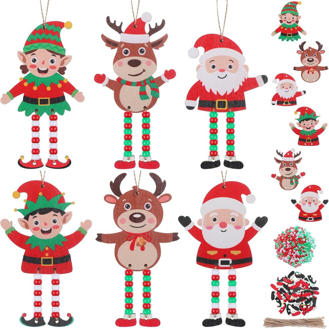 24 Sets Christmas Sign Craft Kits for Kids Winter Wooden Crafts with Beads Santa Claus Reindeer Elf Ornament Christmas DIY Craft Art Sets for Holiday Party Favors Classroom Activities Decor