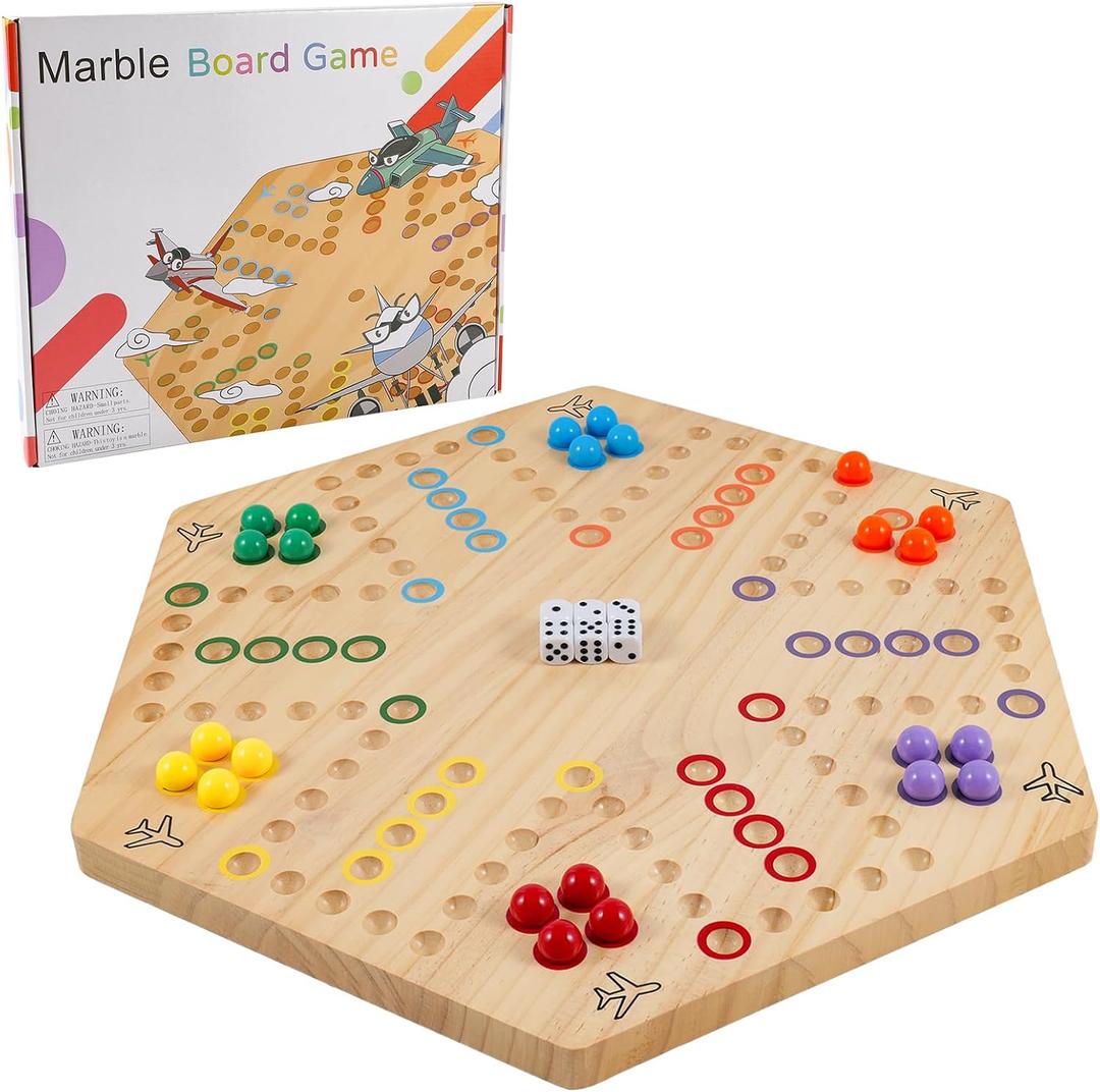 Large Size 20 inches Wood Wahoo Marble Board Game 2 Sided Game 4-6 Player for Friends and Family Party, Classic Wahoo Style Strategy Racing Game with 6 Dices,30 Marbles (Log), 20*18*0.8 Inches