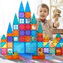 HAS Happiness and Surprise 100 pcs Magnetic Tiles,Dinosaurs Magnetic Tiles Building Blocks with Storage Drawing Bag,3D Magnet Puzzles Toys for Preschool