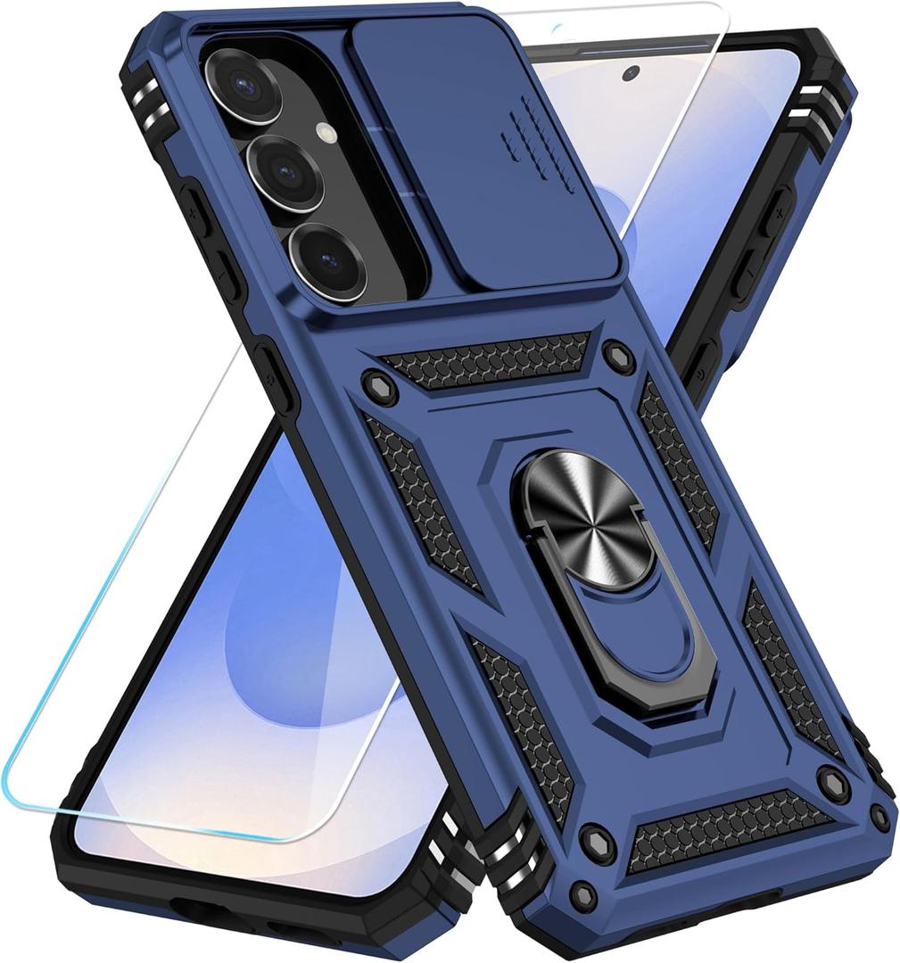SunStory Compatible with Samsung Galaxy S25 FE 5G Case with HD Screen Protector & Slide Camera Cover & Rotated Ring Kickstand, [Military-Grade] Phone Case for Galaxy S25 FE (Blue)