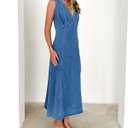 yoeasy Women's Summer Denim Dress Sleeveless V Neck High Waist Trendy Casual A Line Jean Maxi Dress (Blue) S