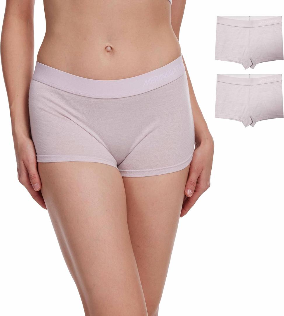 MERINNOVATION 100% Merino Wool Boxer Briefs for Women 2 Packs Underwear Boy Shorts Everyday Weight Breathable Anti-Odor (Large, Lilac Ash)