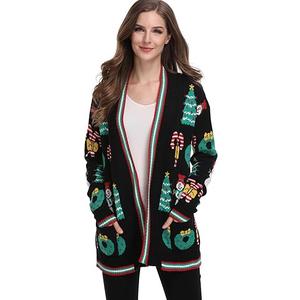 Xmas Women Knit Santa Printed Sweaters Ugly Christmas Long Sleeve Winter Loose Cardigan Black XXL