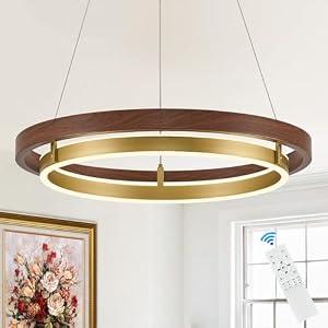 LED 2 Ring Brass Gold Chandelier Dimmable Up Down Light Chandelier Modern Round Chandeliers Light Mahogany Wood Printed Circular Chandeliers for Foyer Dining Room Entry Bedroom Office Living Room