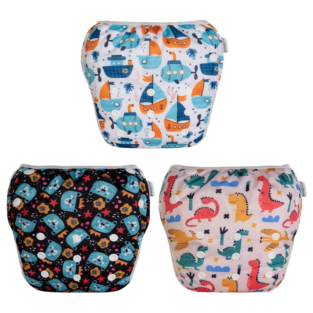 Babygoal Baby & Toddler Girl Swim Diapers, Reusable Adjustable Washable One Size Fits 6M-3T Gifts and Swimming Lessons 3 Pack 3ZSD24 (Large, Boat, Bear,dinosaur)