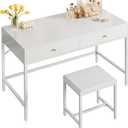 SUPERJARE 43-inch White Desk with 2 Drawers and Padded Stool, Modern Makeup Vanity & Computer Desk with Storage for Home Office, Bedroom Study